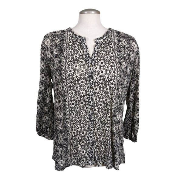 Lucky Brand Womens M Top Black White Ditsy Floral Print Long Sleeve Ruffle Neck - Picture 1 of 5